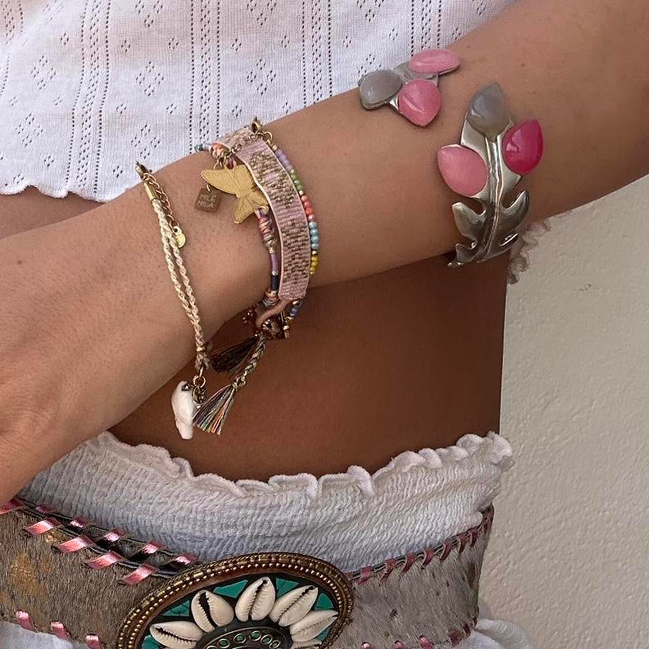 Vintage silver pink gem leaf bracelet cuff