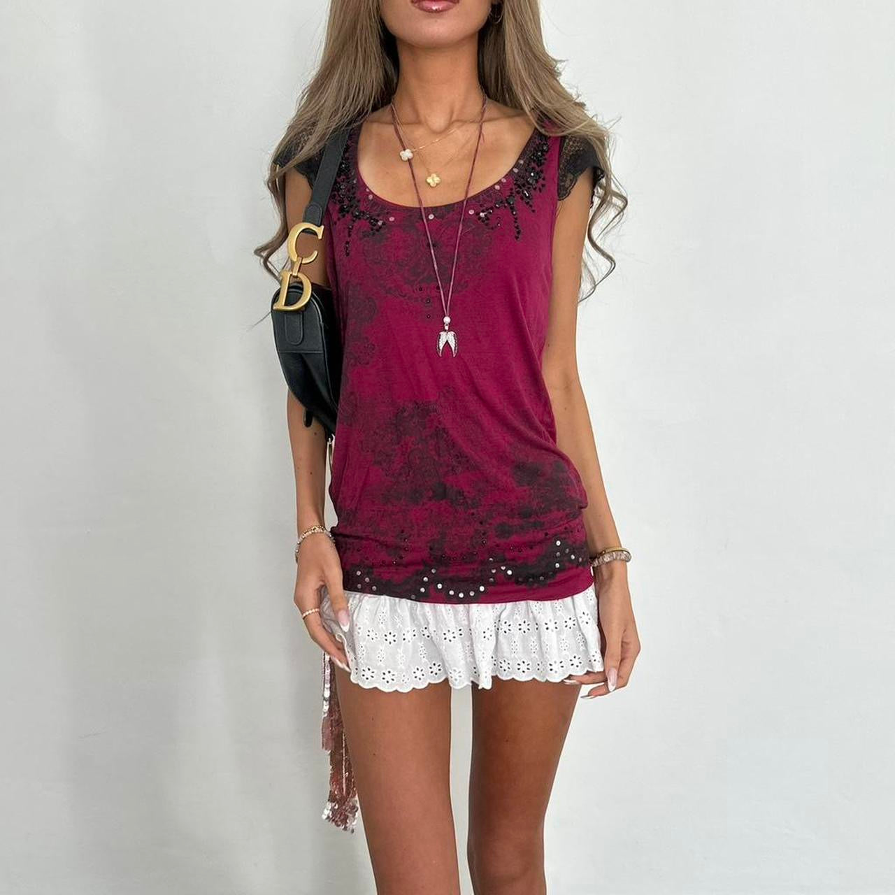 Vintage 00s black lace and dark pink top