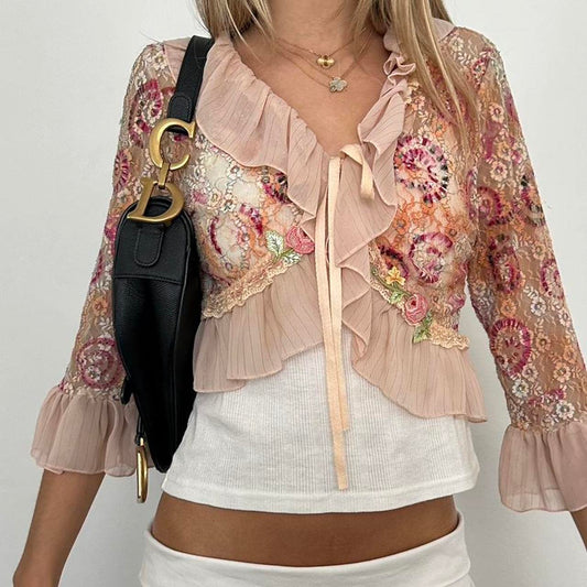 Vintage 90’s lace pattern tie up cardigan top