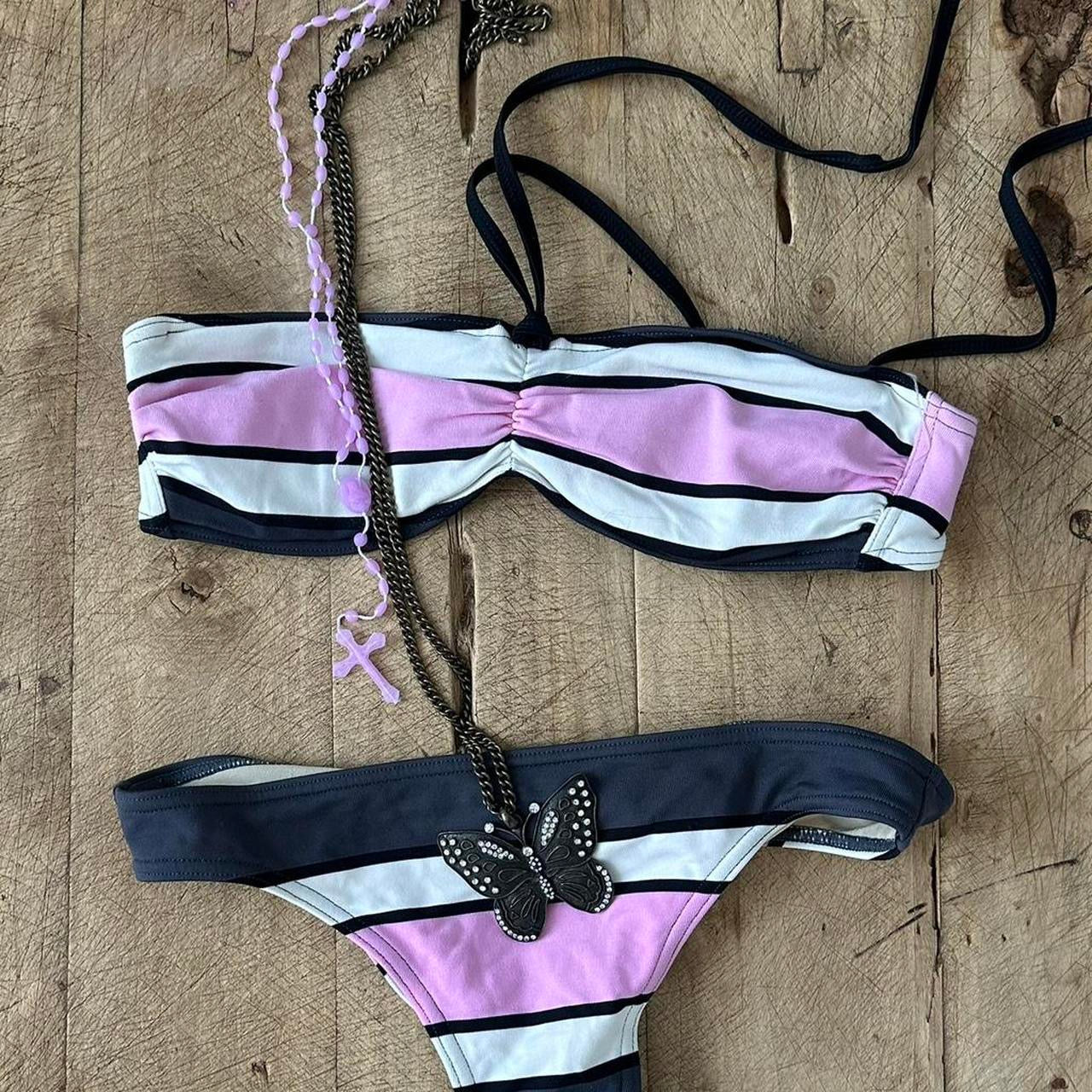 Vintage 00s black and pink striped bikini