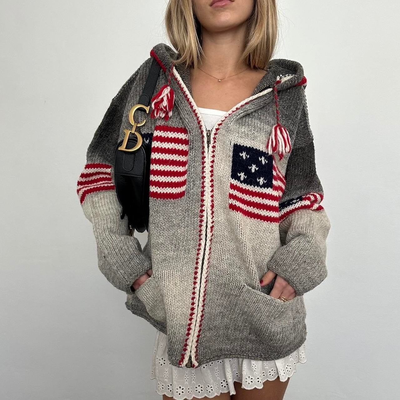 Vintage 2000’s grey American flag knitted hooded zip up