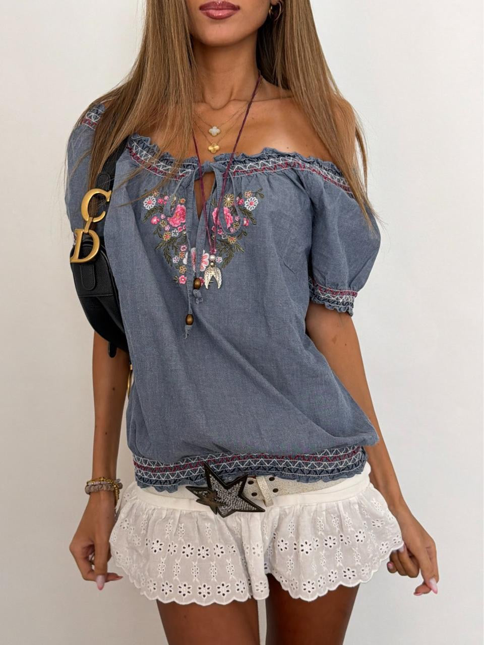 Vintage 00s denim style embroidered boho top