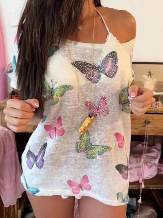 Vintage 00’s butterfly white off shoulder top