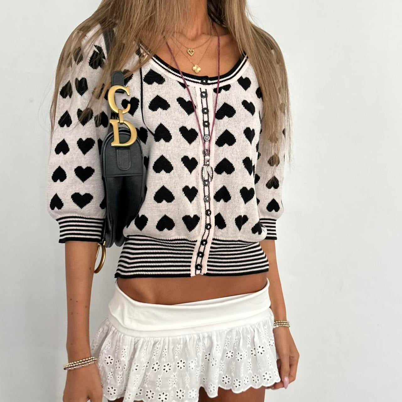Vintage heart pattern short sleeve cardigan top