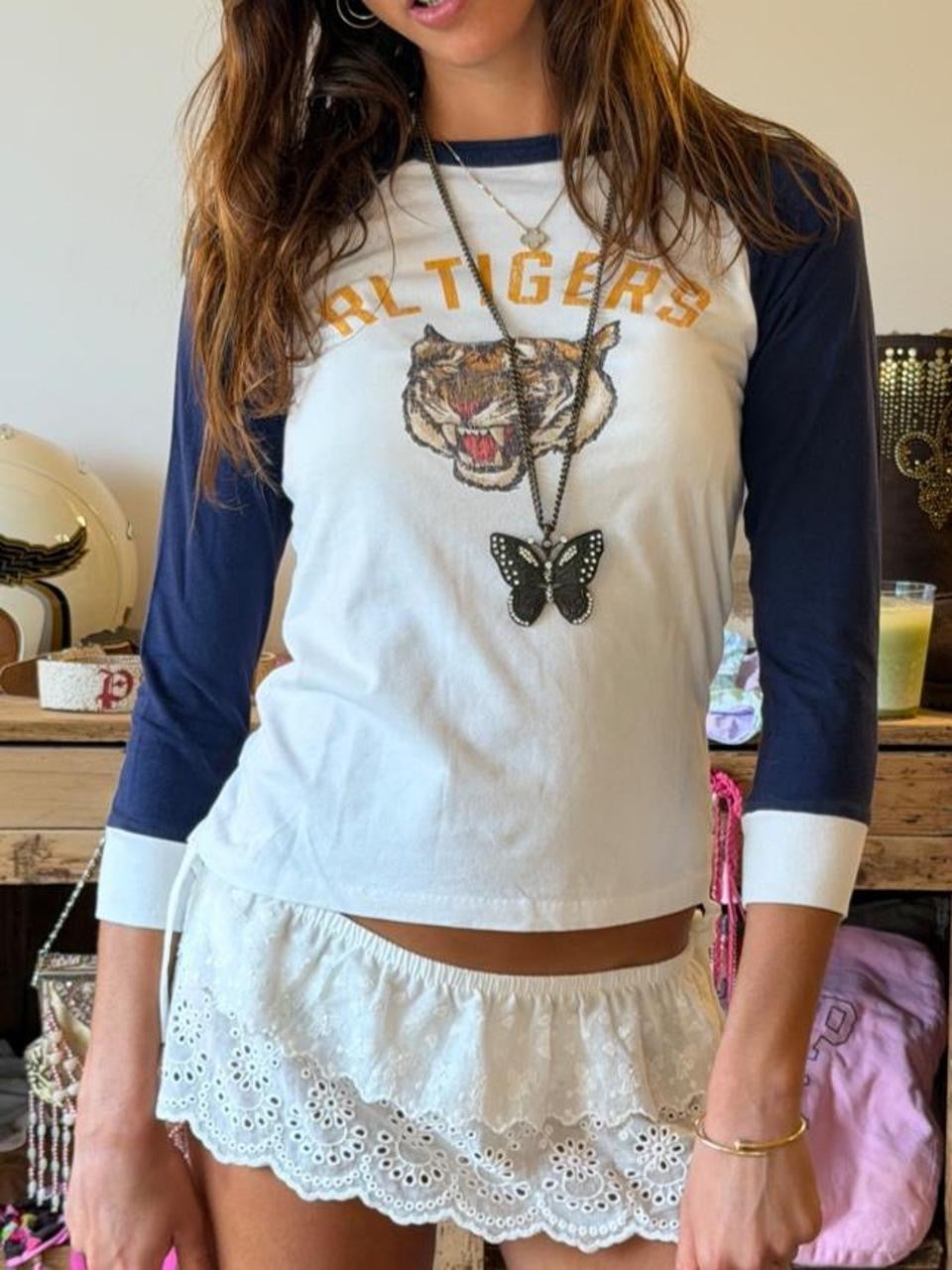 Vintage 00’s Polo Ralph Lauren white & navy long sleeve graphic top