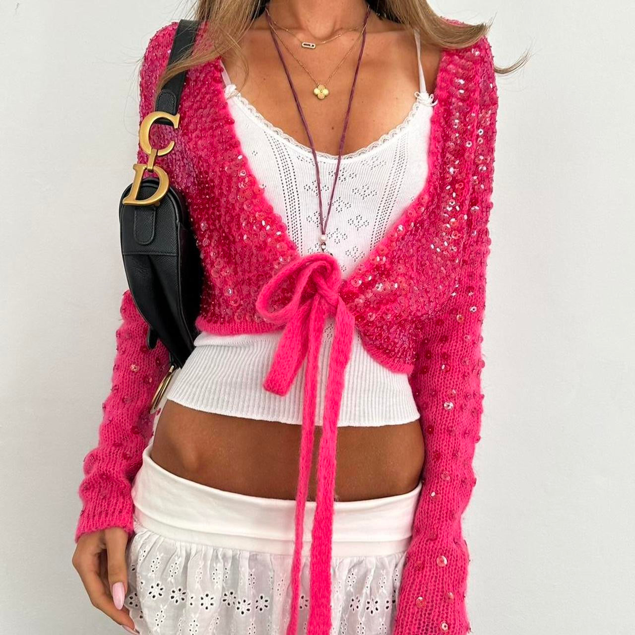 Vintage 2000s Versace pink knit sequin layering long sleeve top