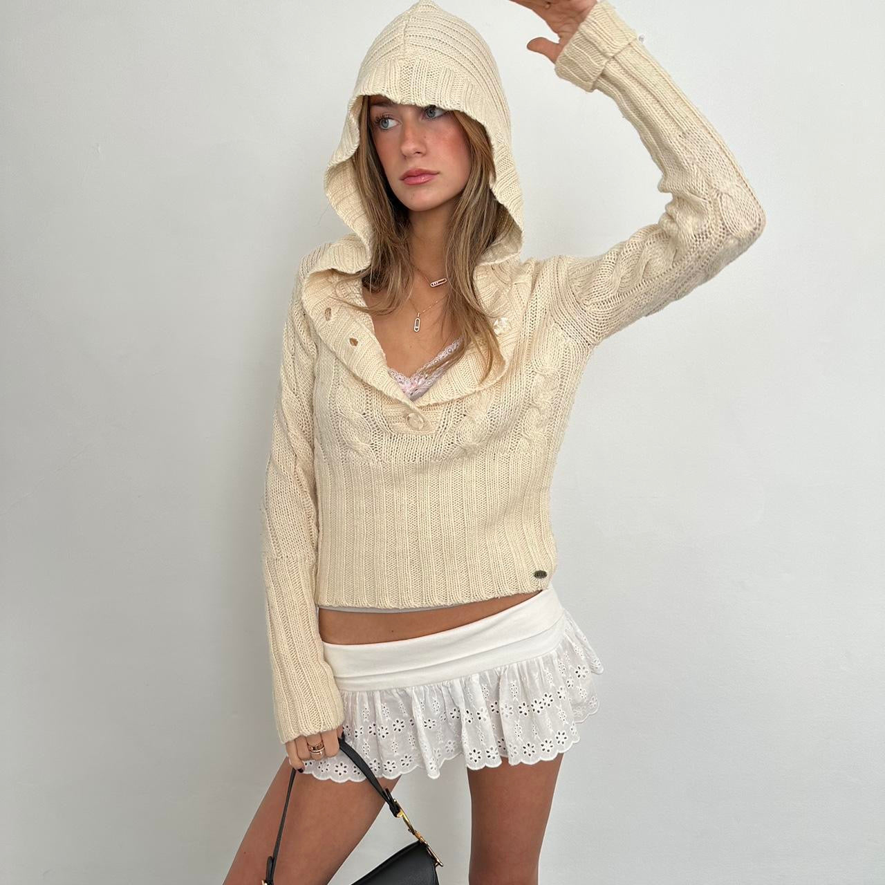 Vintage cream cable knit hooded sweater