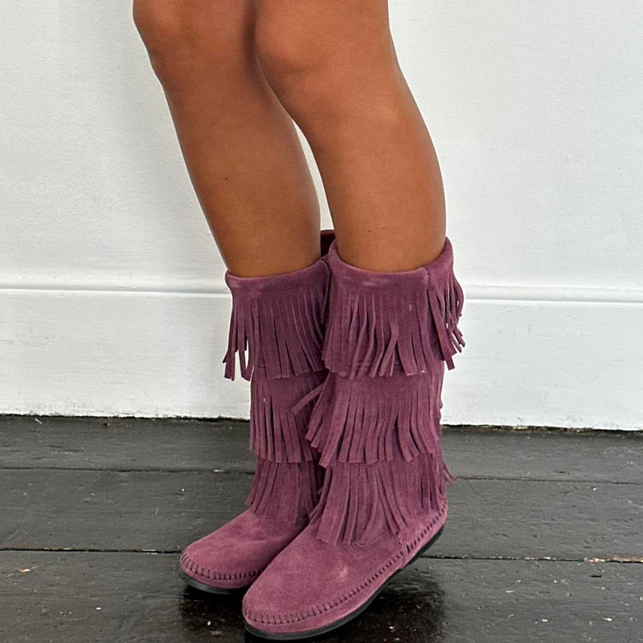 Vintage plum suede fringe leather boots
