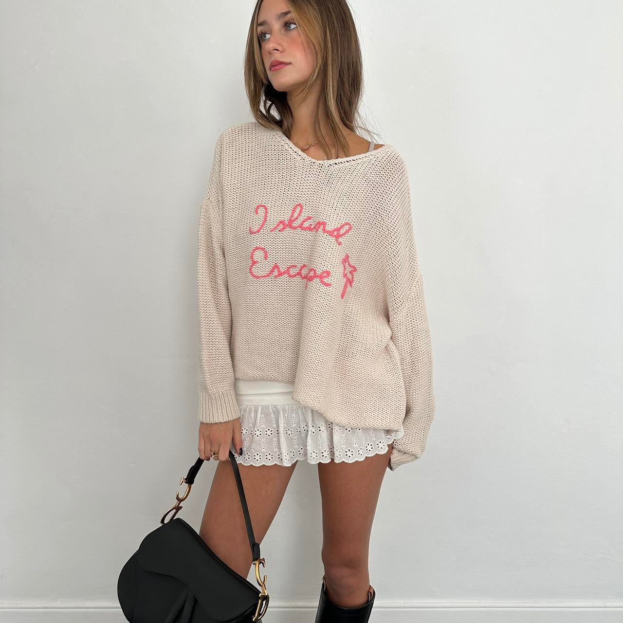 Vintage island escape embroidered knit sweater