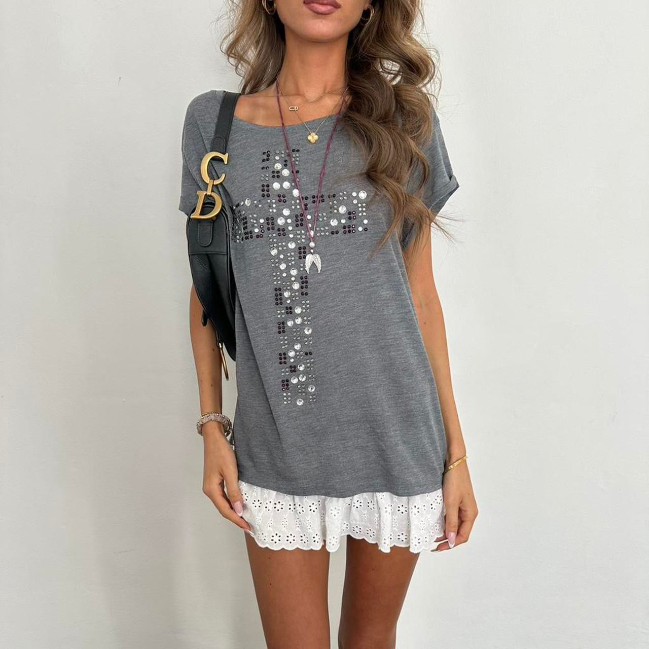 Vintage 00s grey rhinestone cross top