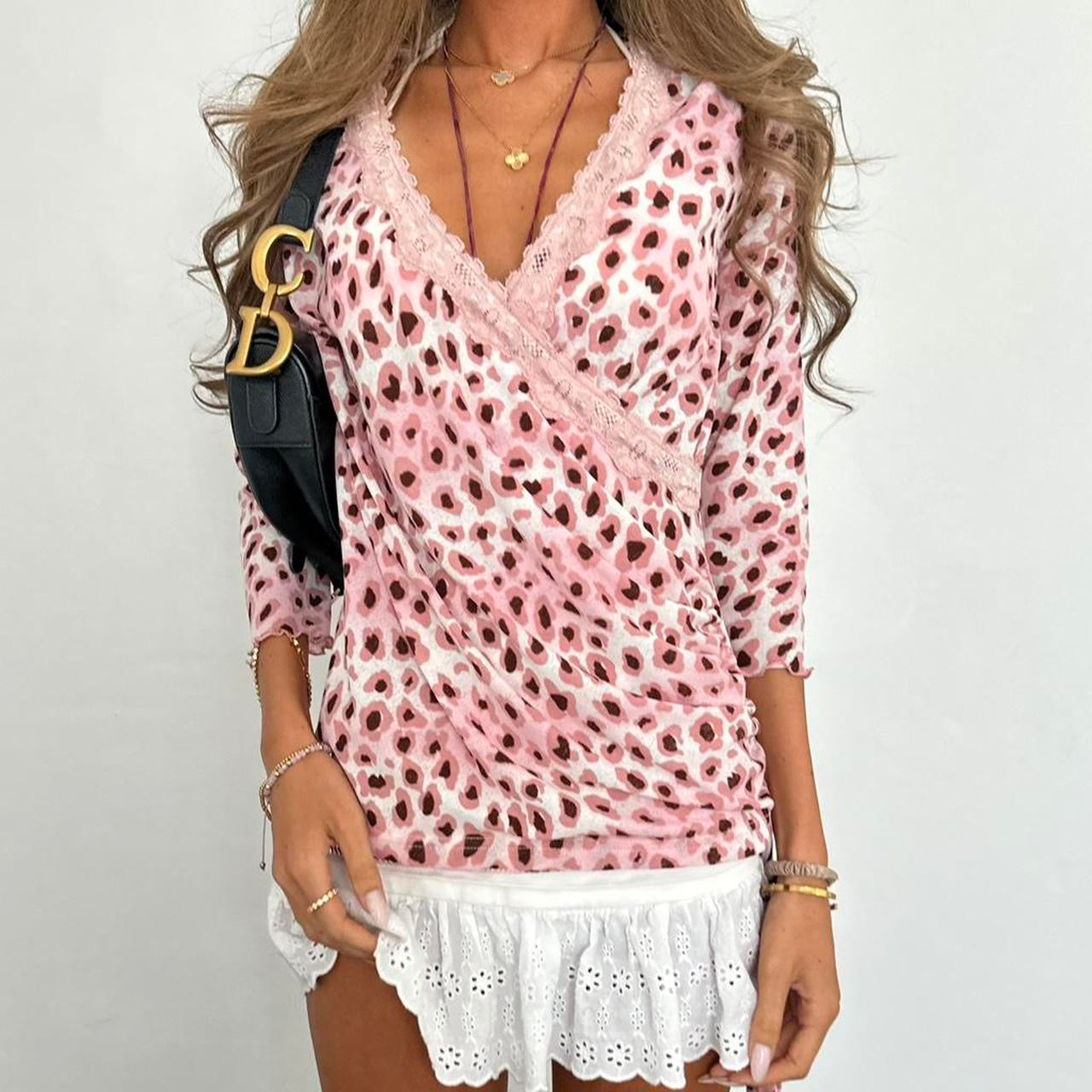 Vintage pink leopard wrap long sleeve top