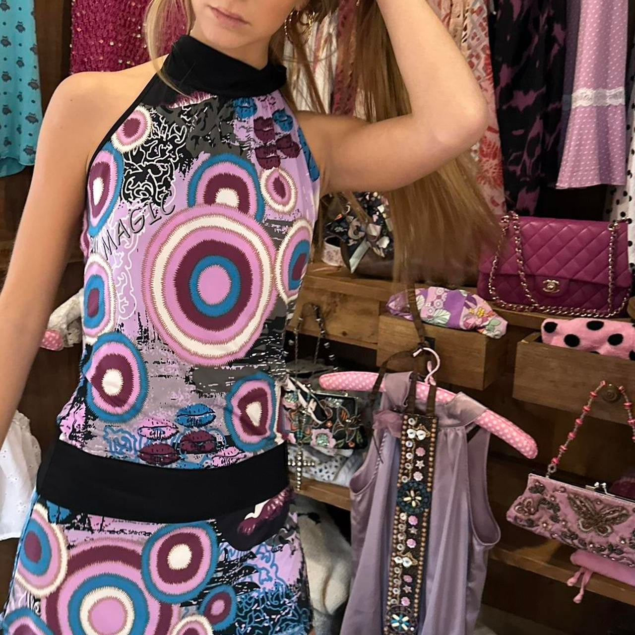 Vintage 90’s black and lilac halter neck dress