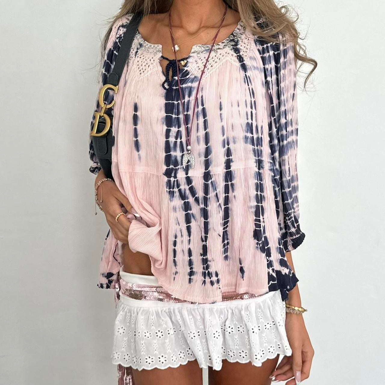 Vintage 00s boho pink and navy blouse