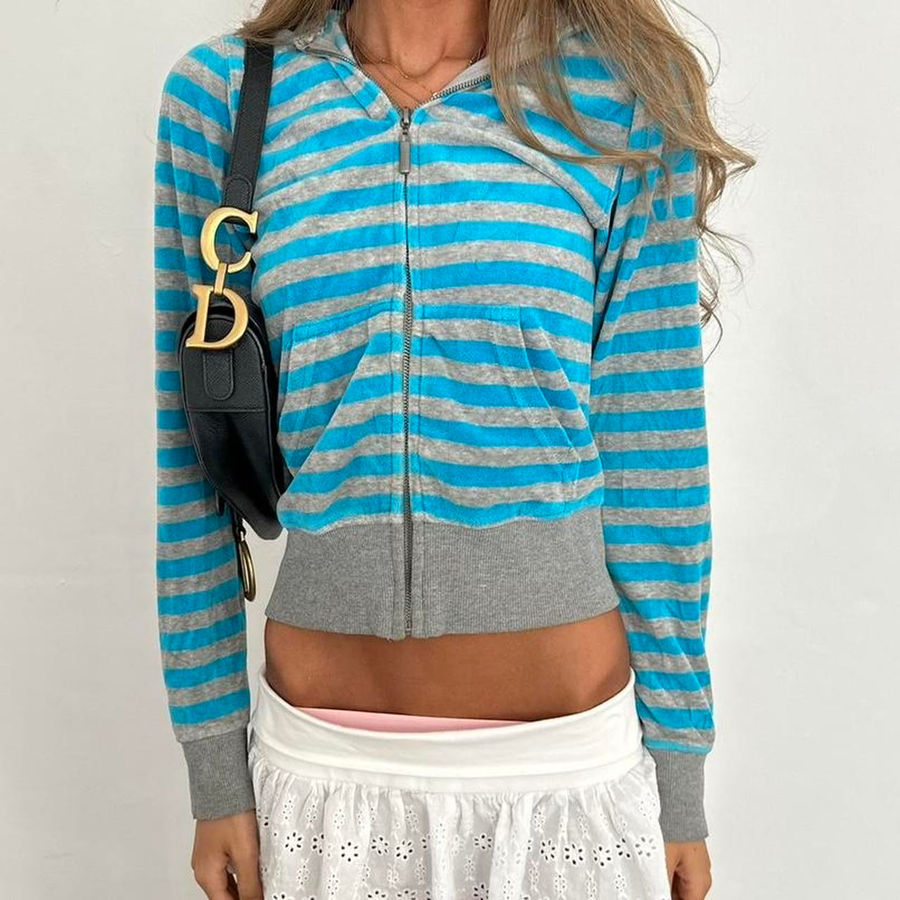 Vintage 2000’s blue & grey striped velvet hoodie