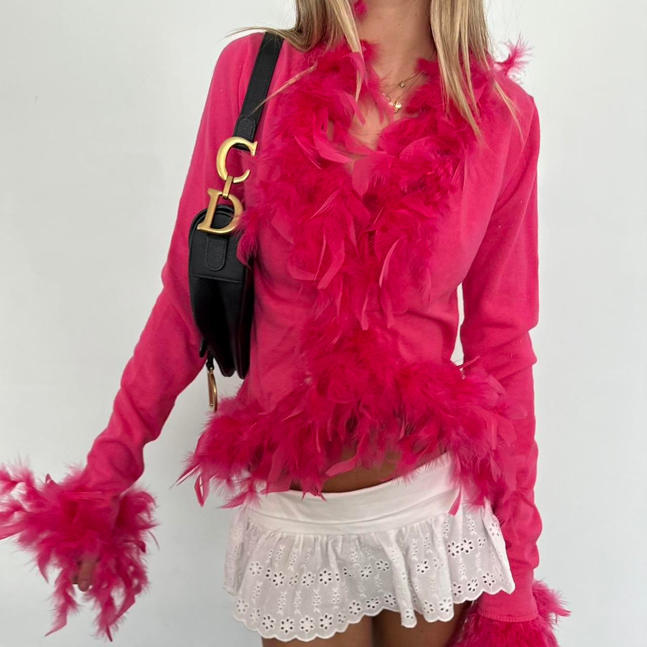 Vintage pink feather trim cardigan