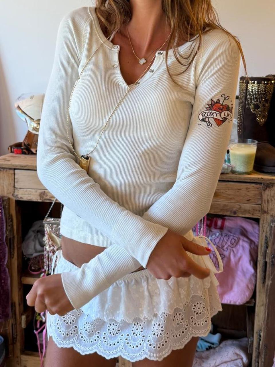 Vintage 00’s graphic white long sleeve tattoo style top