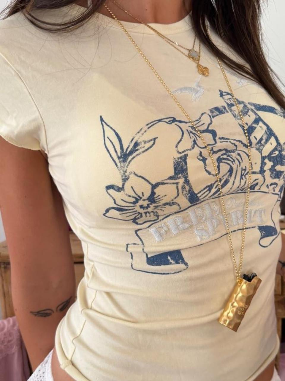 Vintage 00s Free Spirit embroidered yellow baby tee