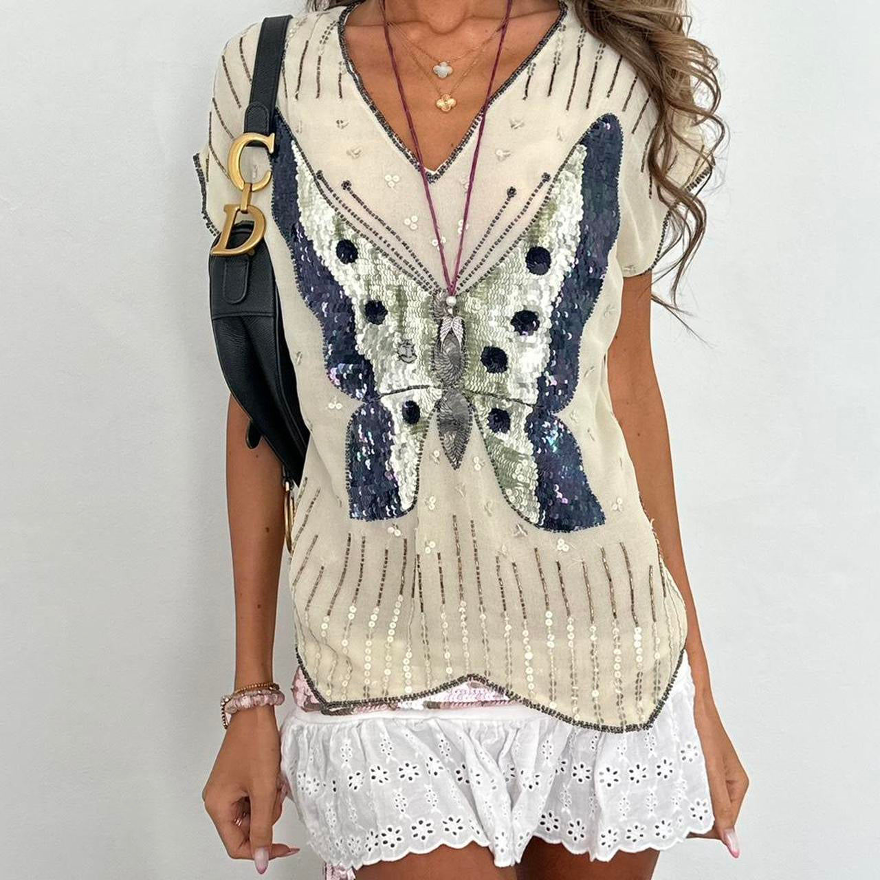 Vintage 00s sequin butterfly boho top