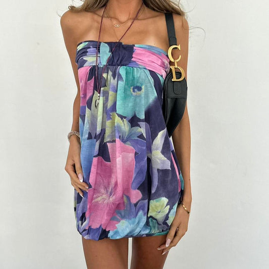 Vintage 00s flower pattern strapless dress