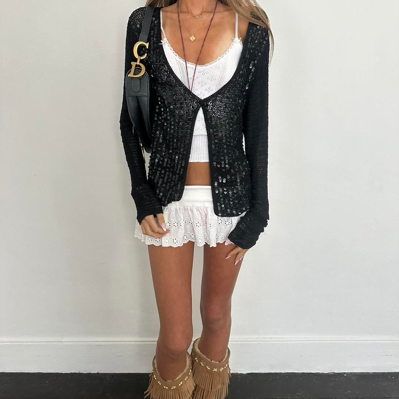 Vintage 2000s black crochet sequin cardigan top