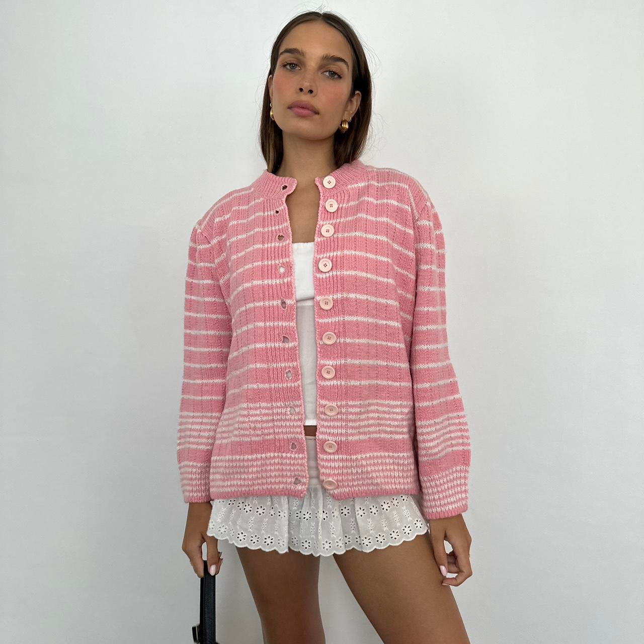 Vintage 90s baby pink and white button down cardigan
