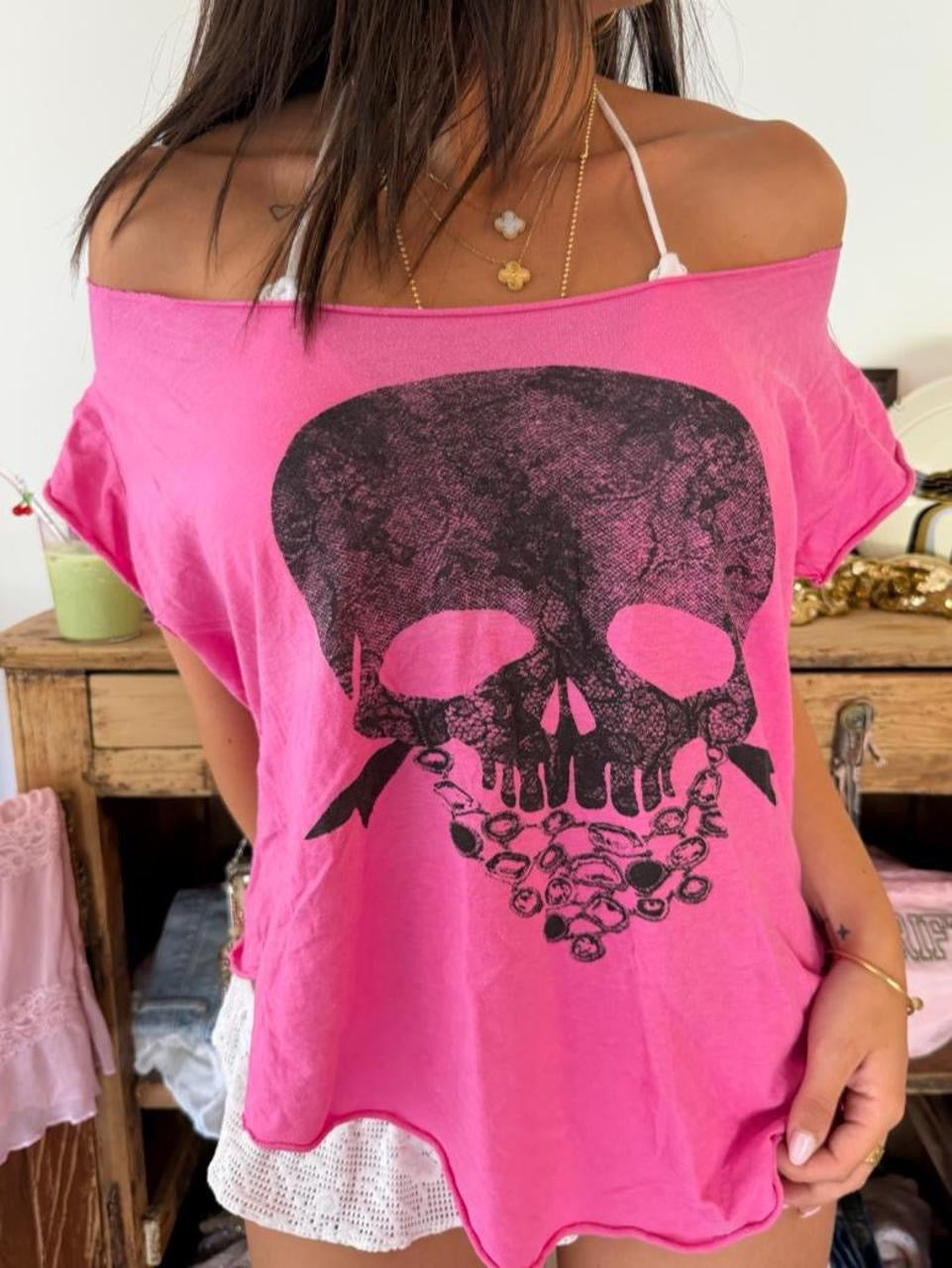 Vintage 00s pink skull off shoulder top
