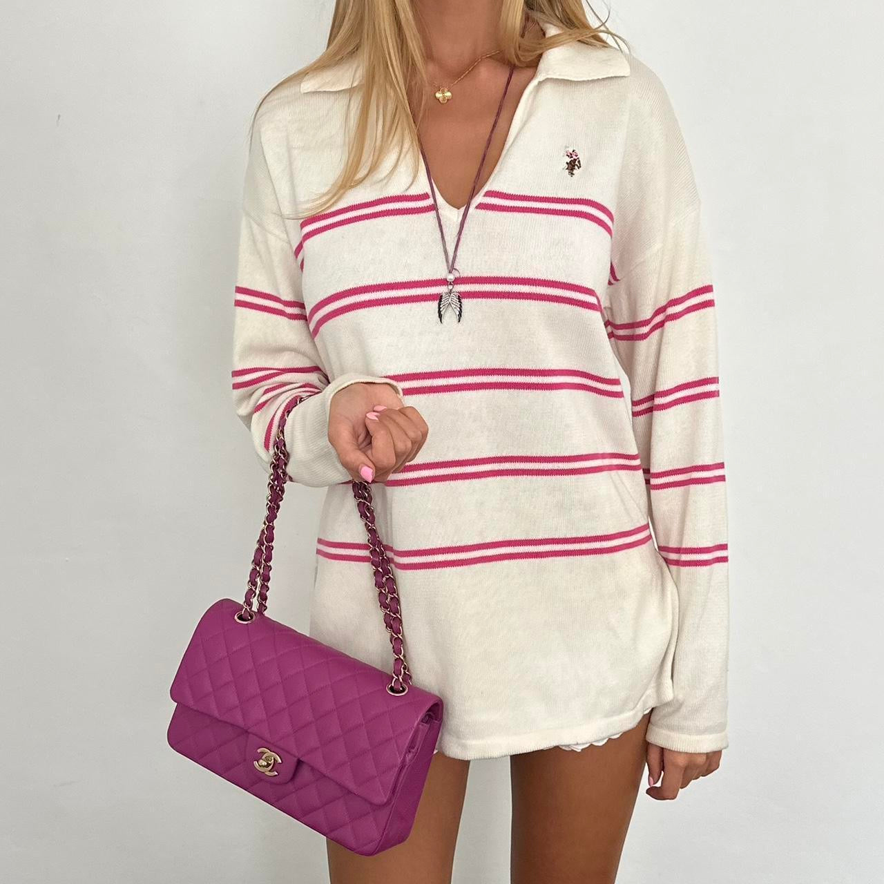 Vintage 2000’s Polo Ralph Lauren striped pink and white v neck sweater