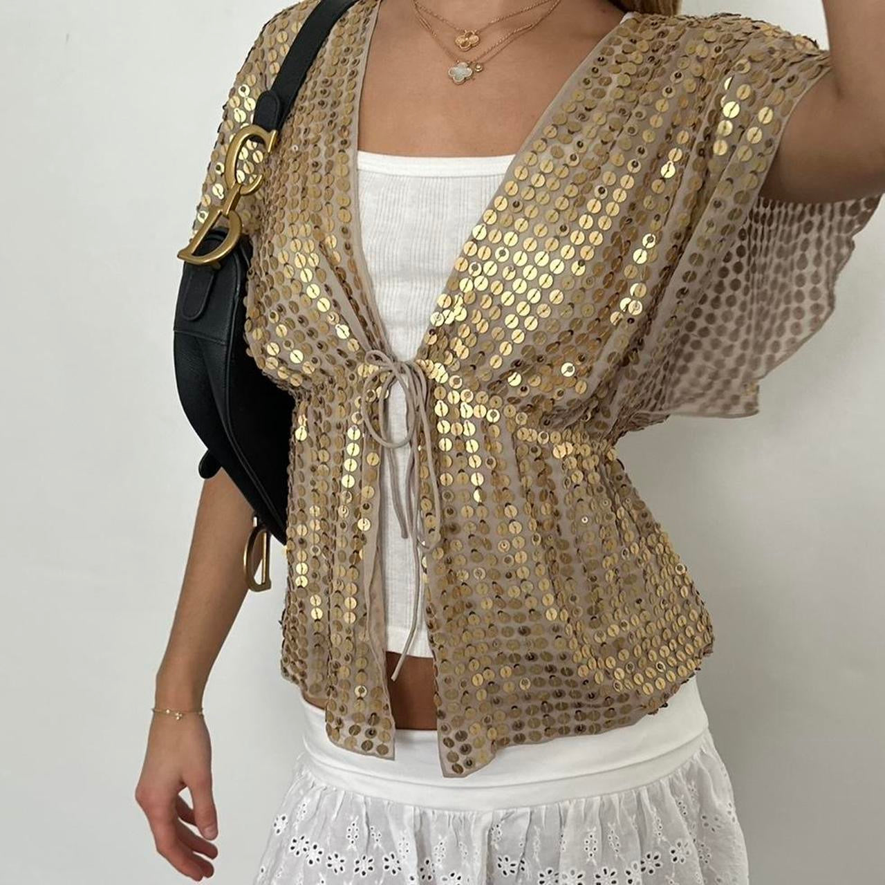 Vintage 90’s tie up gold short sleeve cardigan top