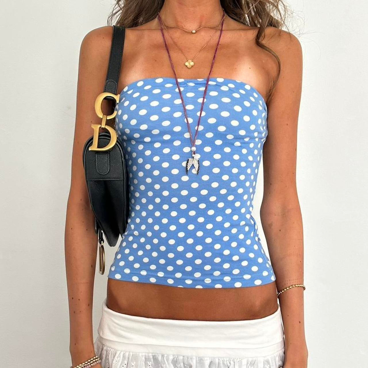 Vintage baby blue polka dots strapless top