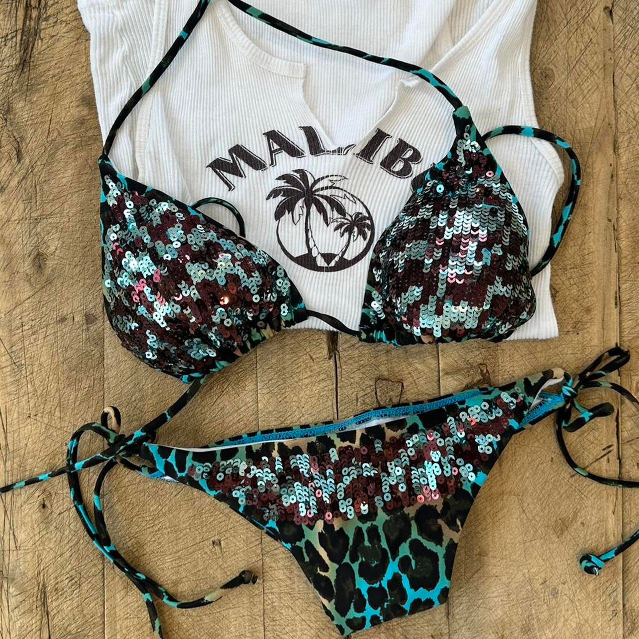 Vintage 00s sequin turquoise leopard print bikini