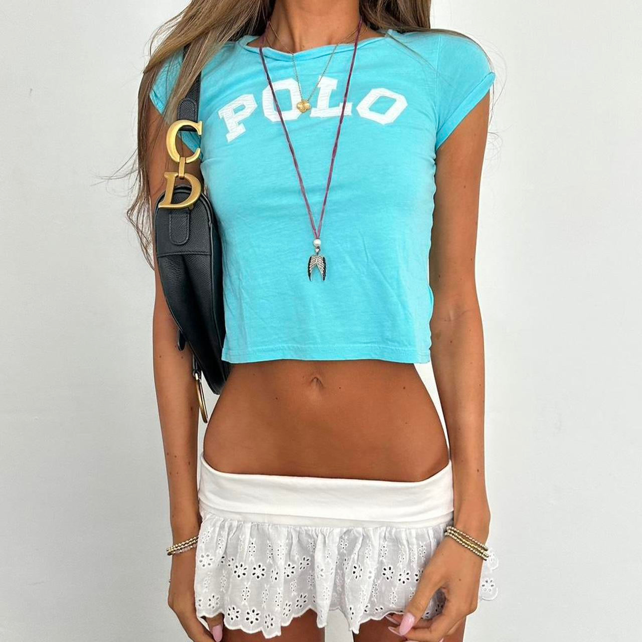 Vintage Ralph Lauren embroidered letters blue baby tee