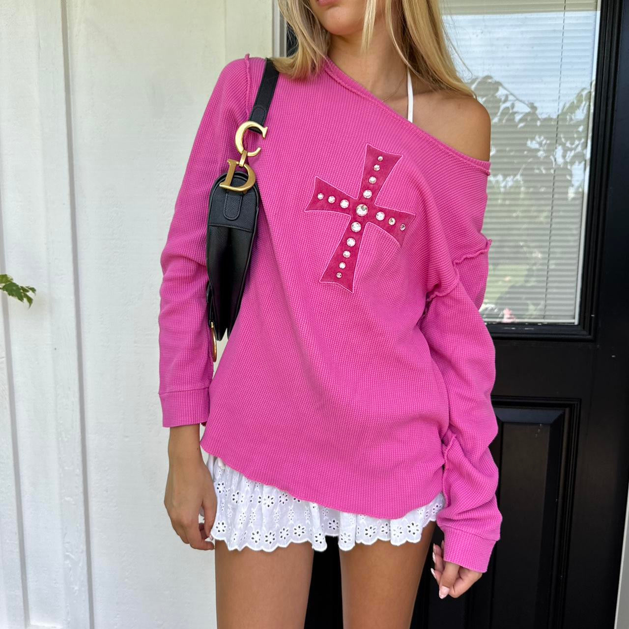 Vintage pink cross waffle long sleeve top