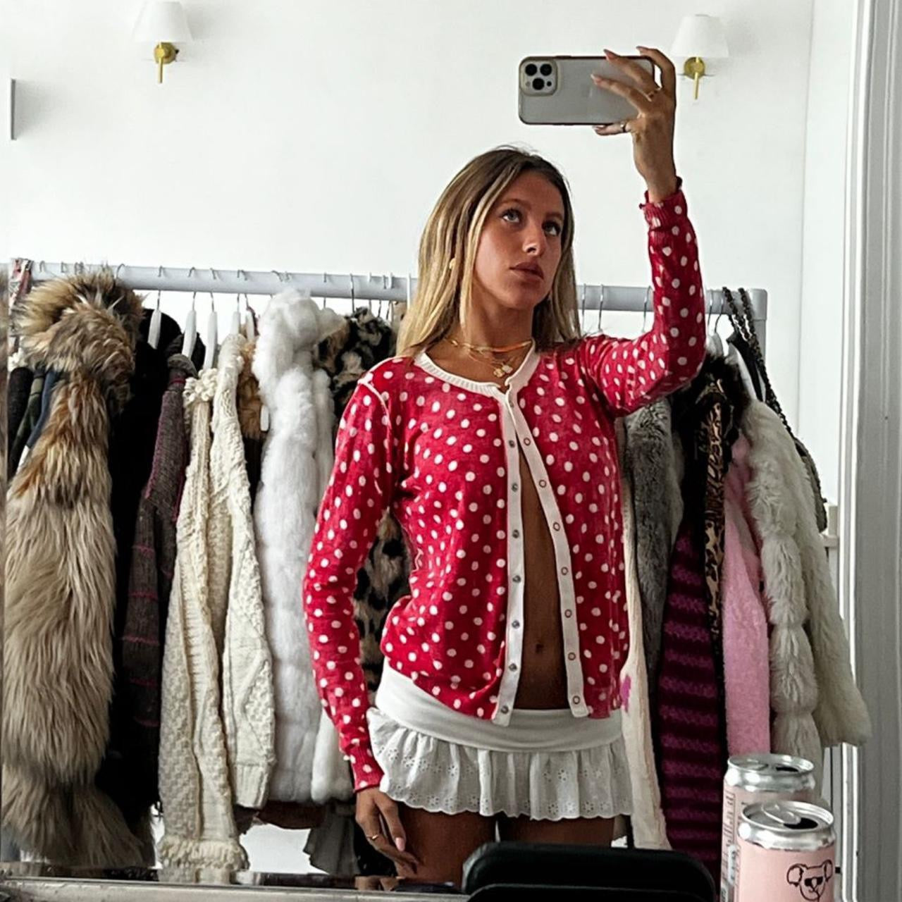 Vintage red polka dot long sleeve cardigan top