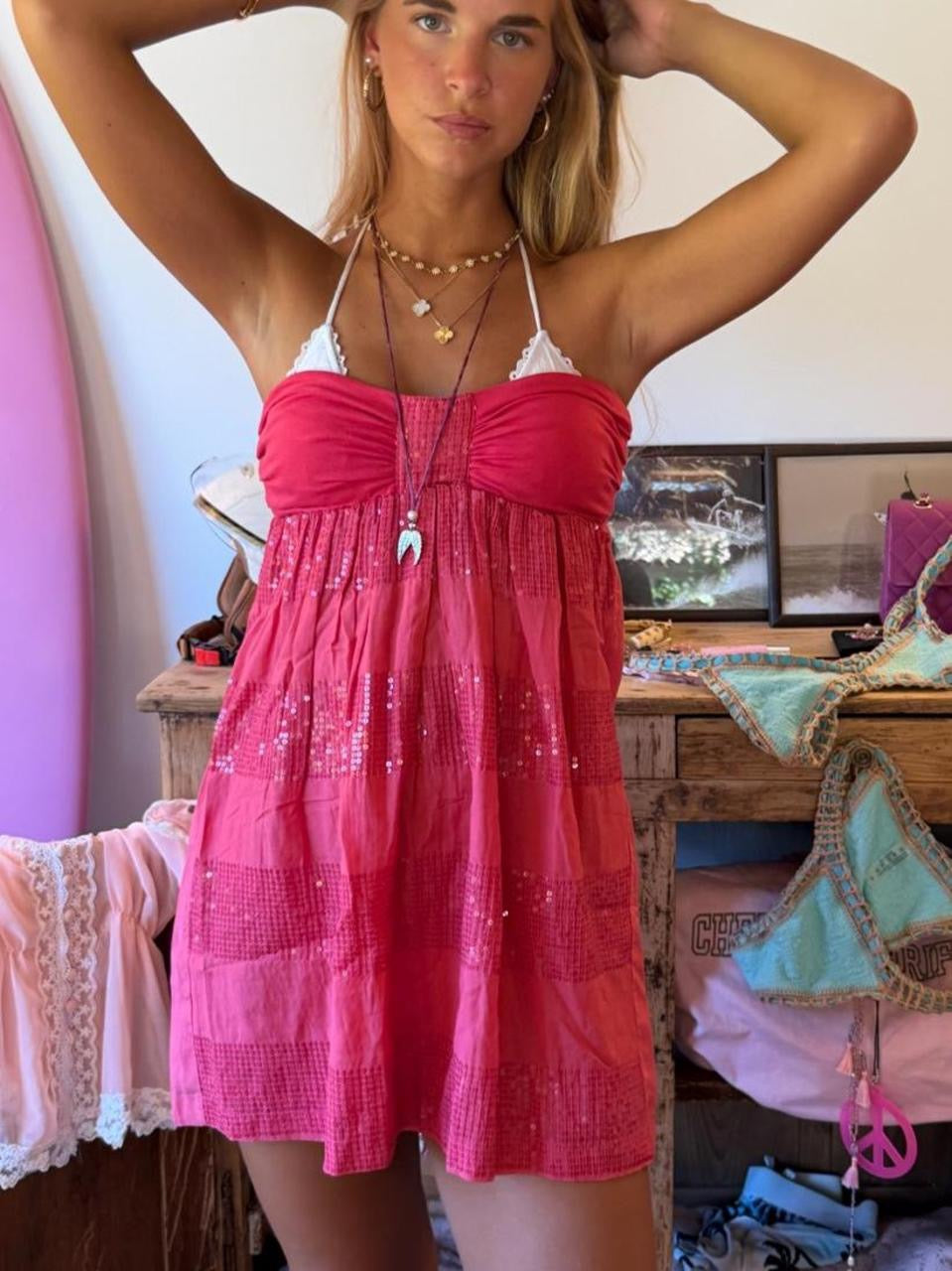 Vintage 00’s pink sequin strapless mini dress
