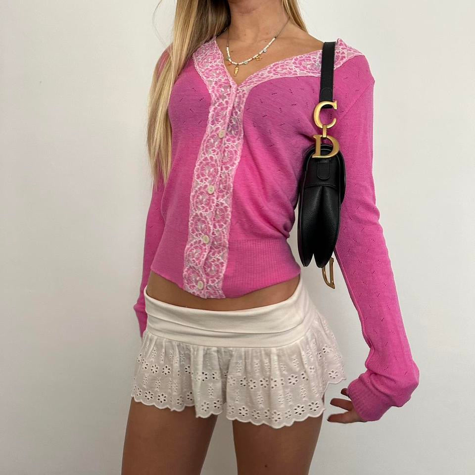 Vintage pink pointelle lace long sleeve top