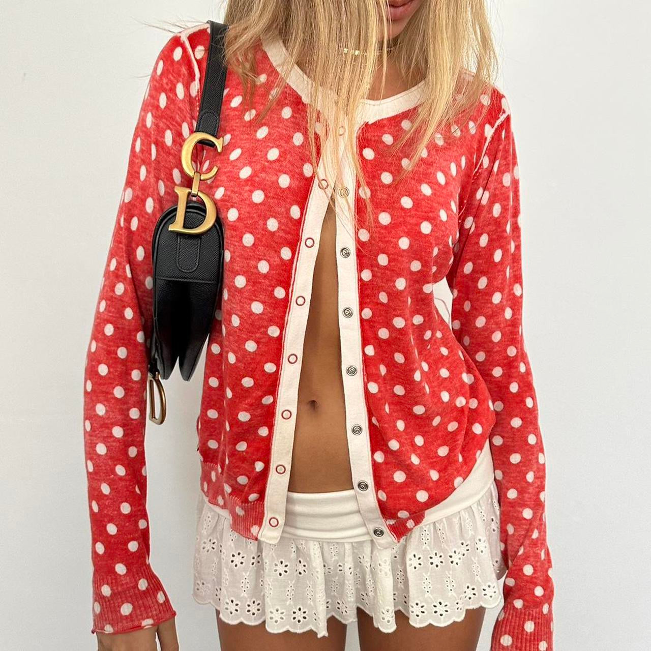 Vintage red polka dot long sleeve cardigan top