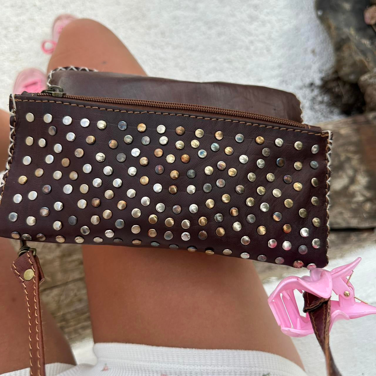 Espresso Brown studded, leather clutch selling