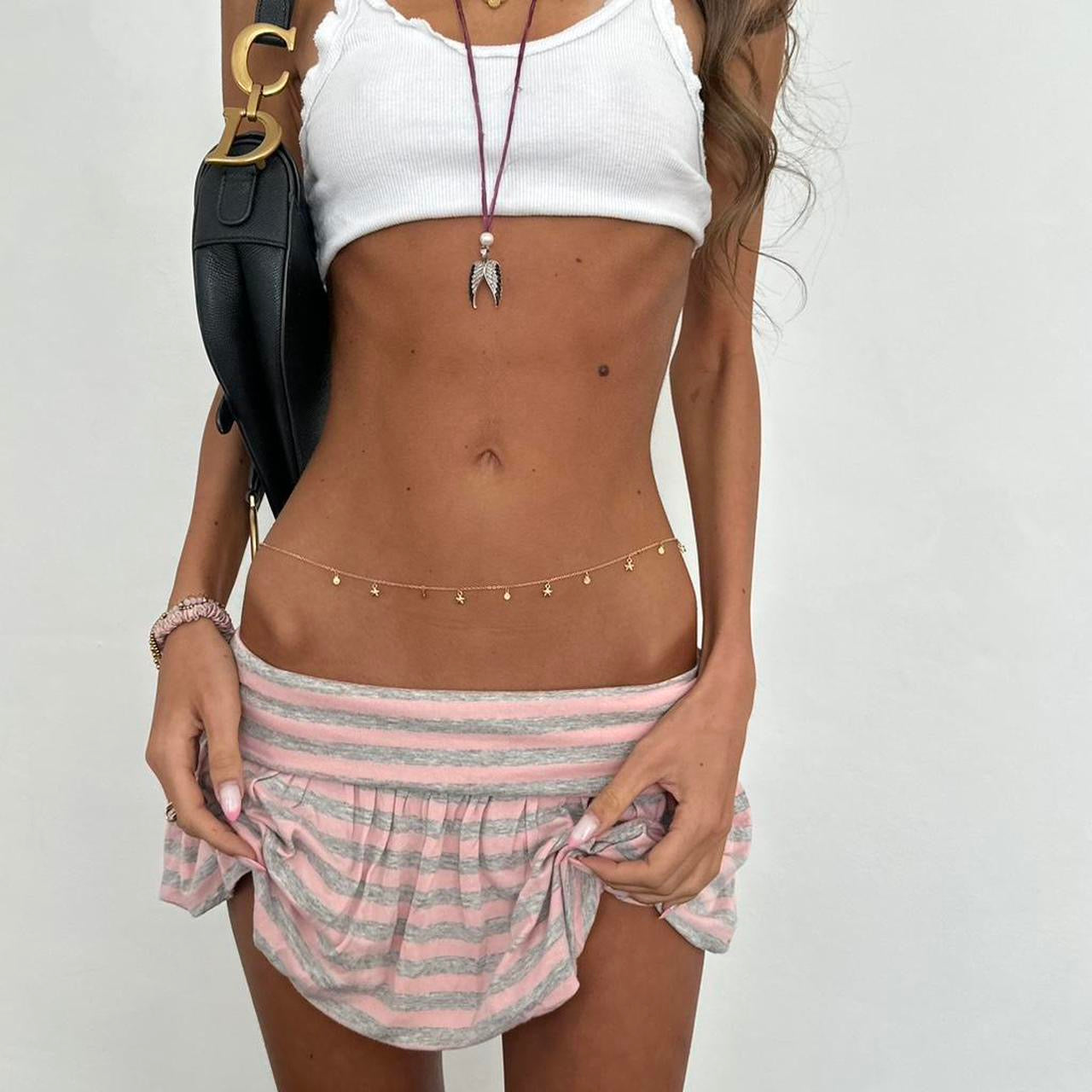 Vintage baby pink and grey striped foldover mini skirt