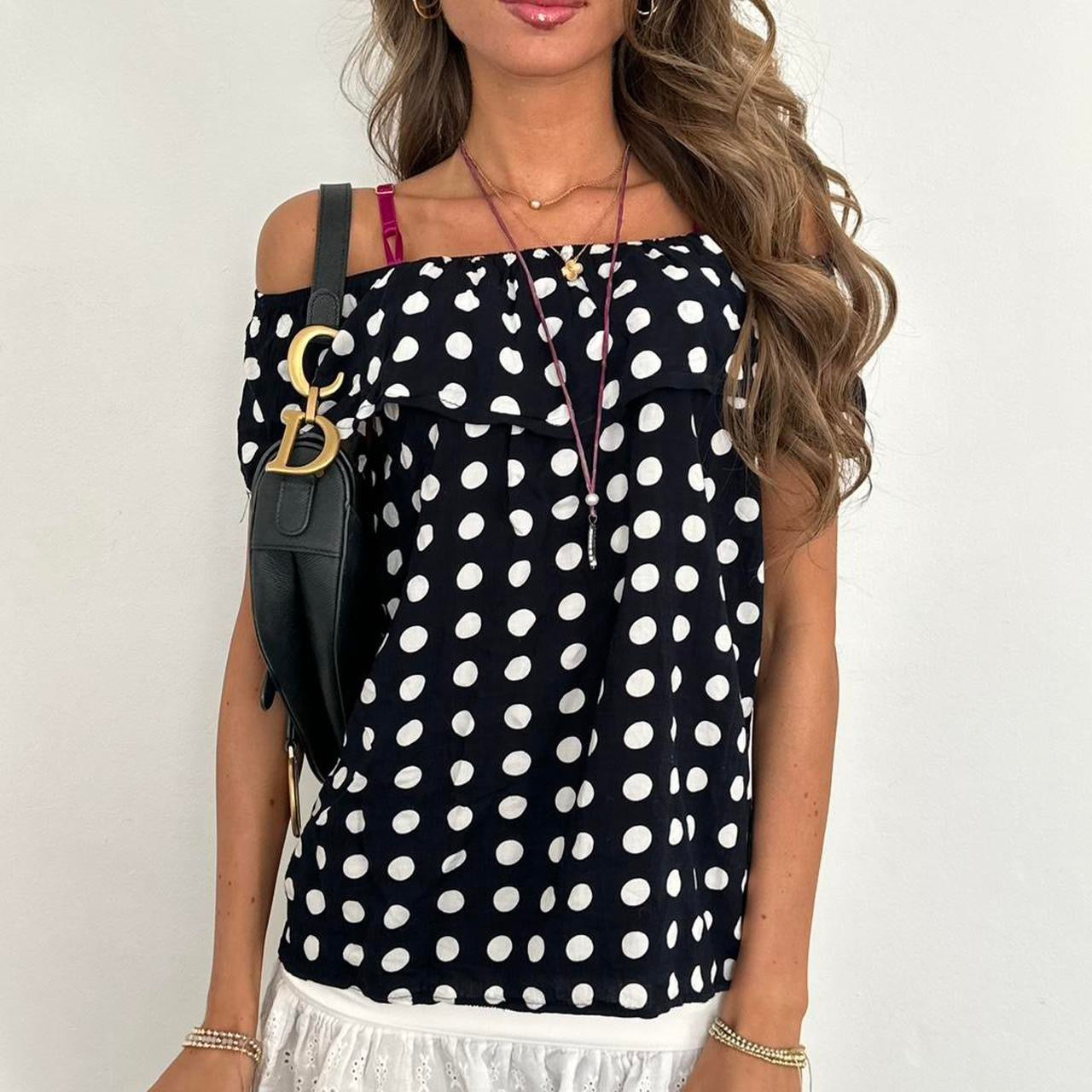 Vintage black polka dot off shoulder top