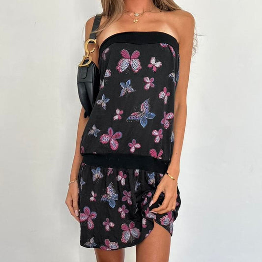 Vintage strapless butterfly print mini dress