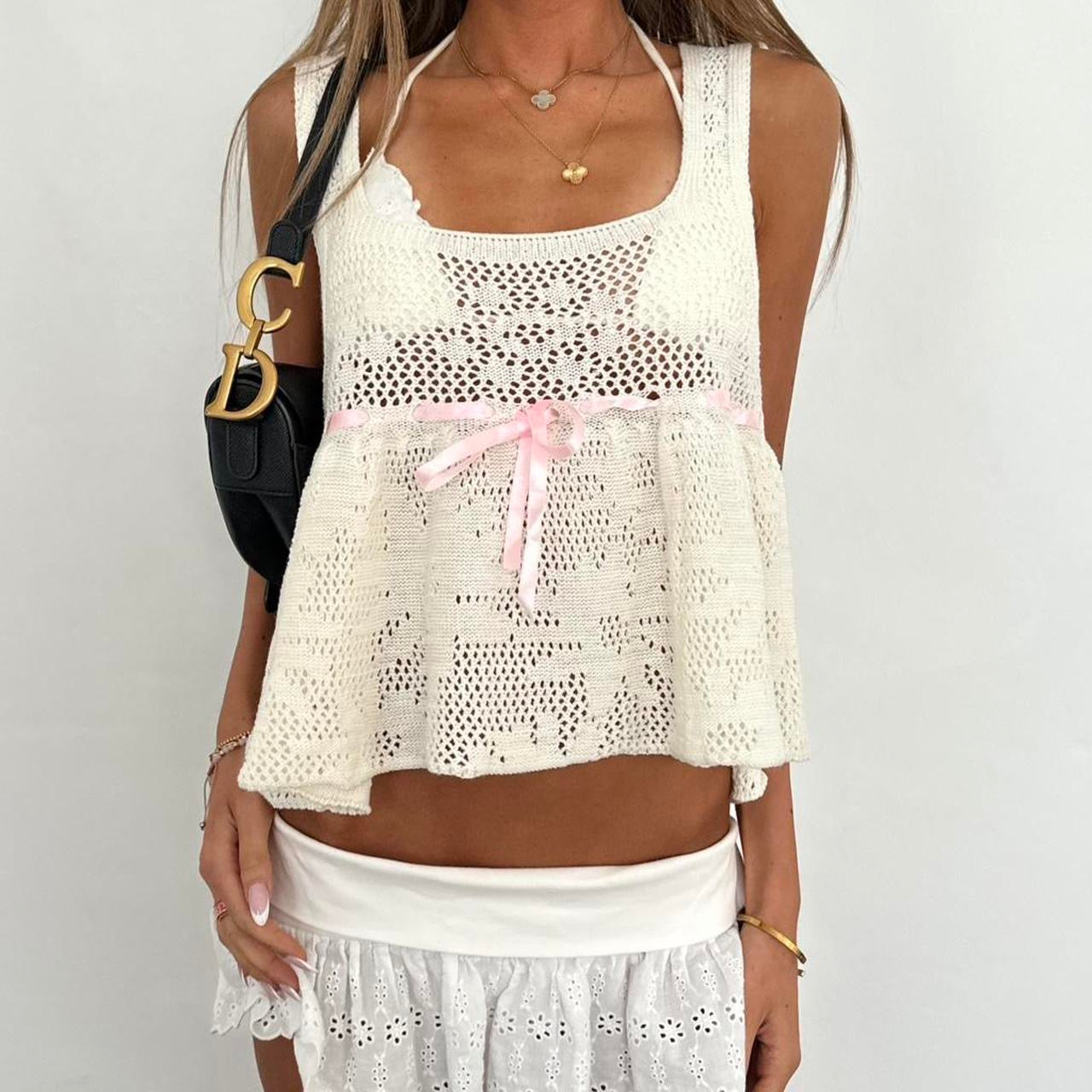 Vintage 90’s white cami top with pink ribbon detail