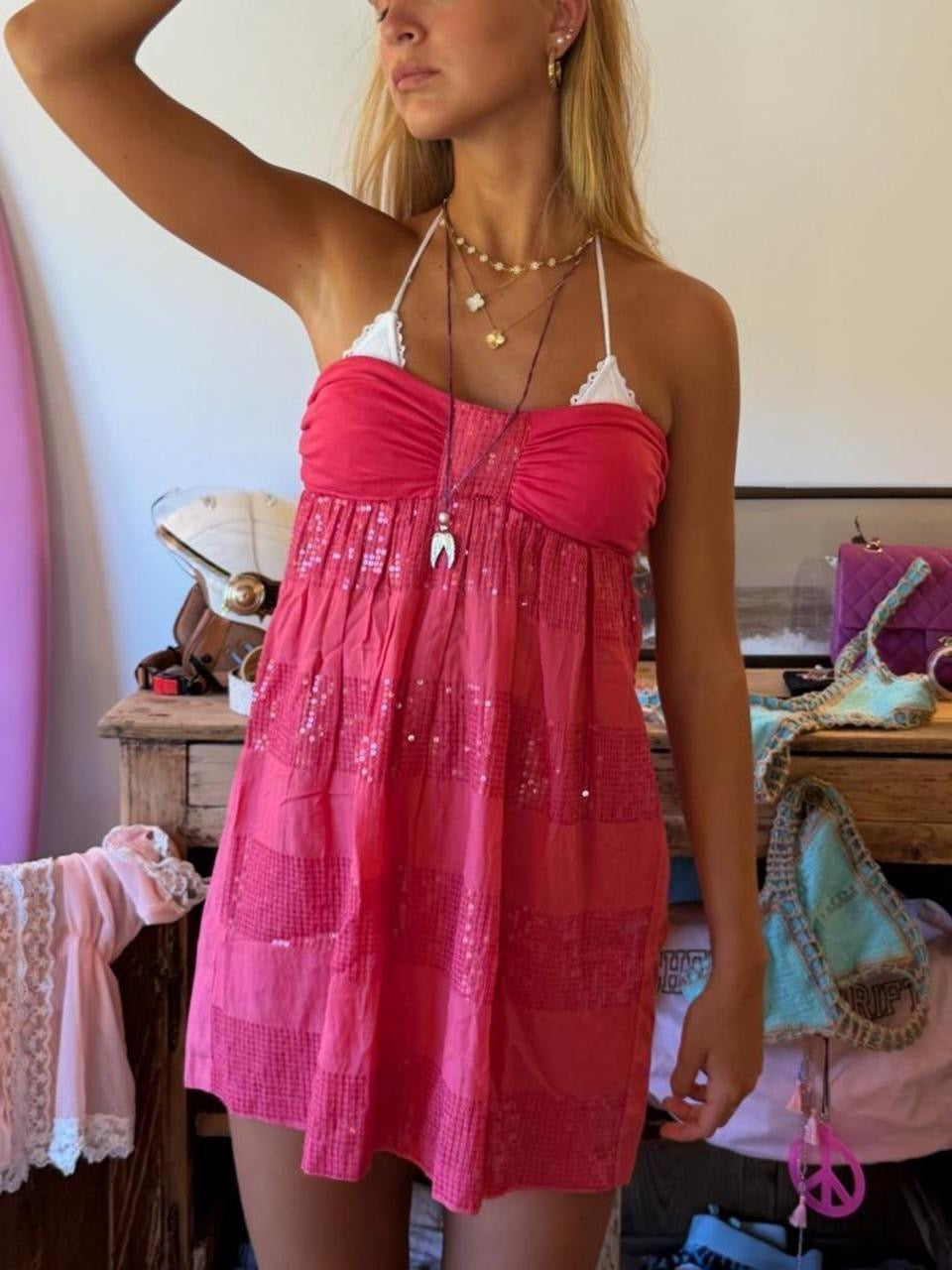Vintage 00’s pink sequin strapless mini dress
