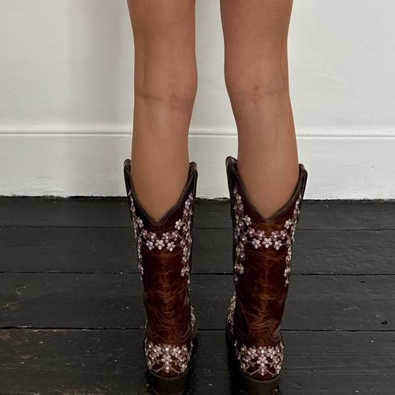 Vintage handmade floral embroidered brown cowboy boots