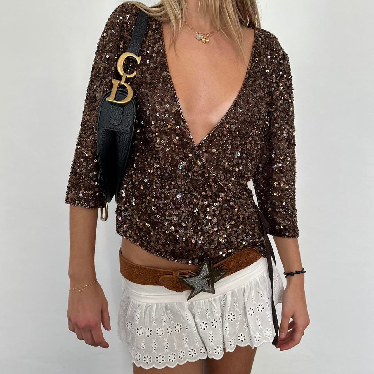 Vintage tie up brown sequin cardigan