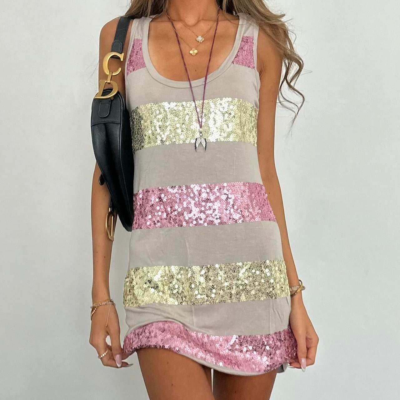 Vintage 00s pink sequin grey striped mini dress