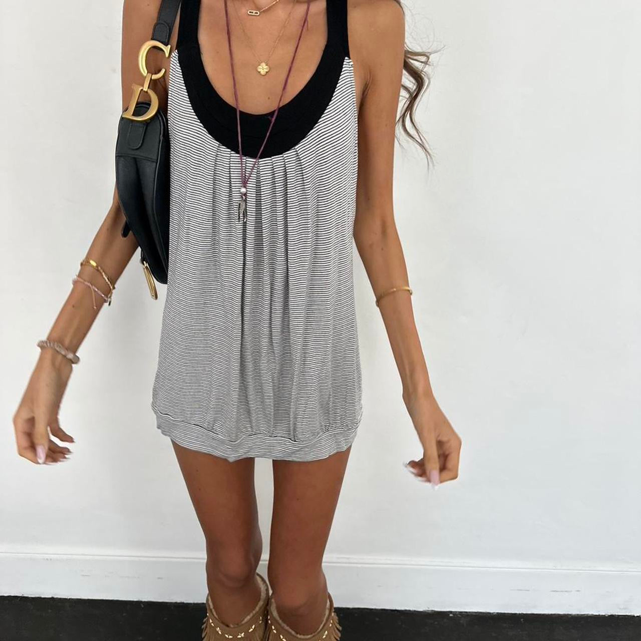 Vintage 00s black & grey striped mini dress/ top