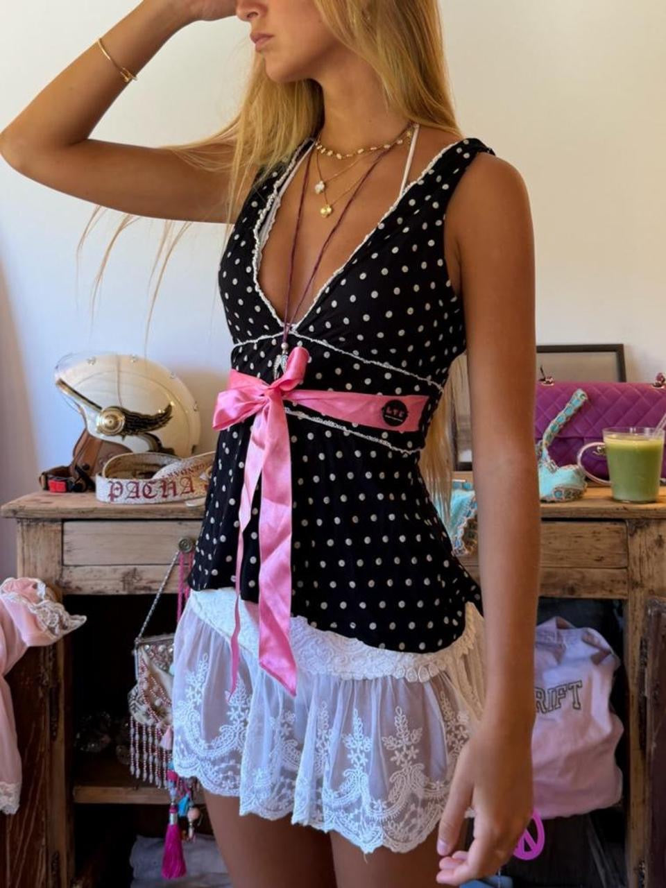 Vintage 00’s polka dot pink ribbon top