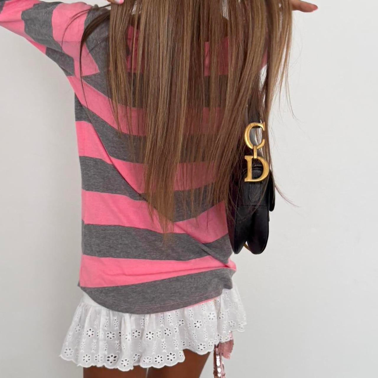 Vintage 00s pink & grey striped long sleeve top