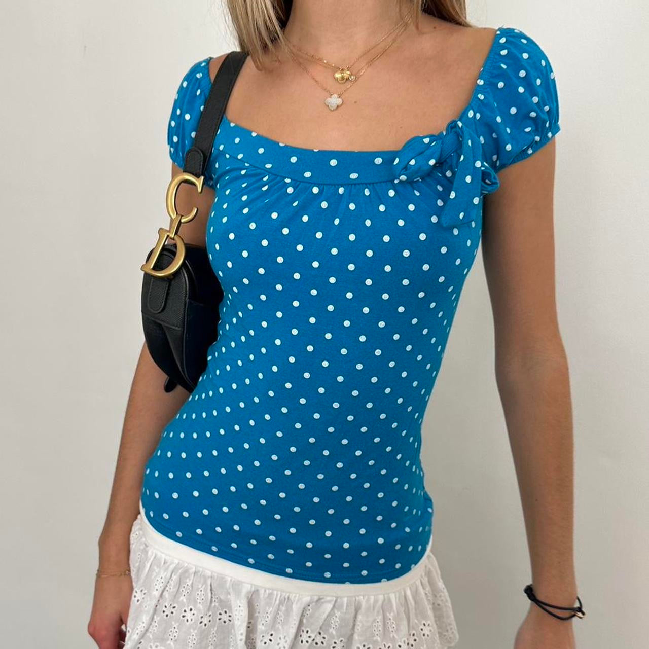 Vintage 2000s blue polka dot babydoll top