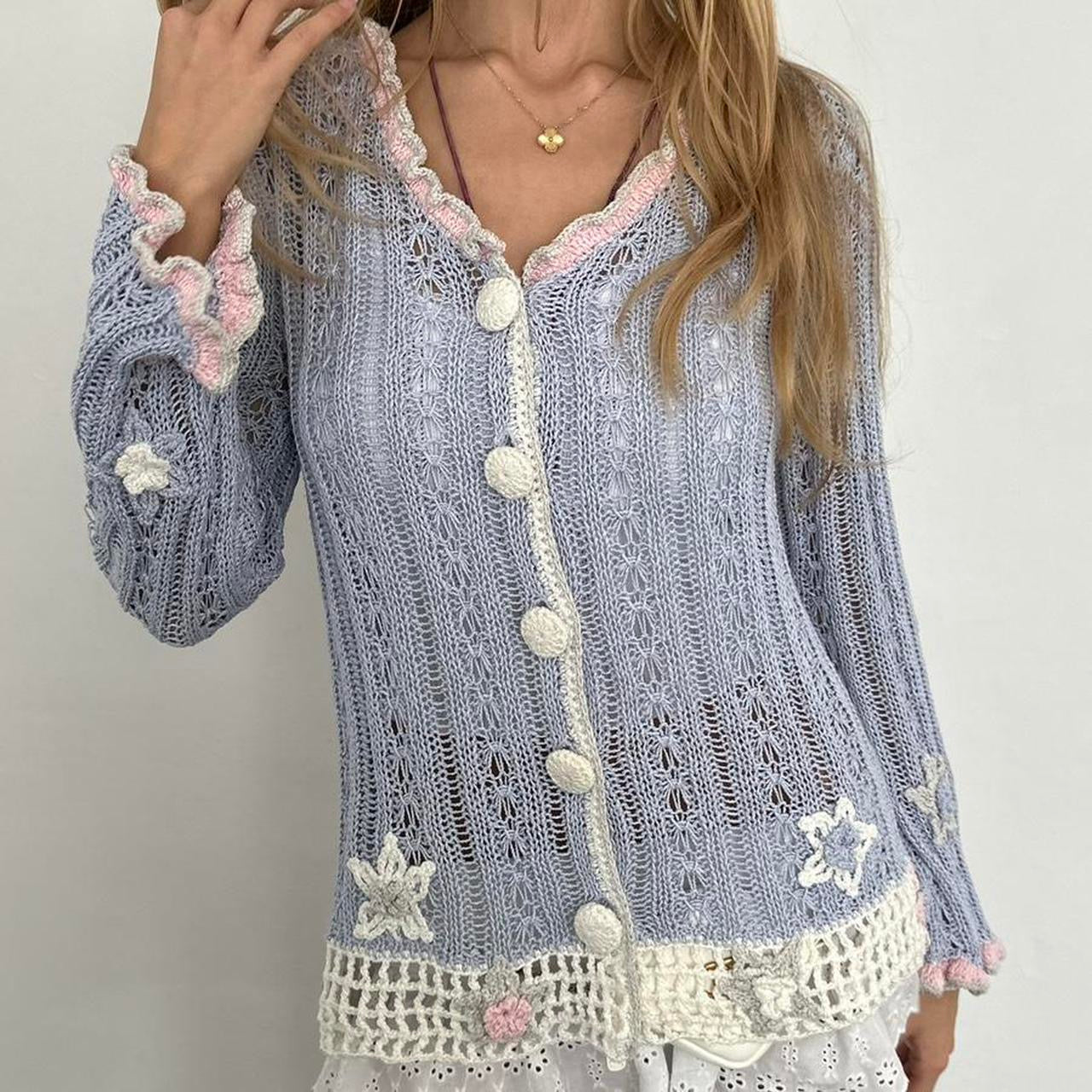 Vintage crochet aqua knit cardigan